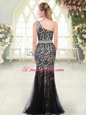 Unique Black Tulle Zipper Sleeveless Floor Length Beading and Lace