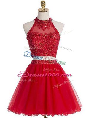 Mini Length Two Pieces Sleeveless Red Prom Gown Zipper