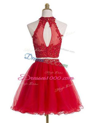 Mini Length Two Pieces Sleeveless Red Prom Gown Zipper