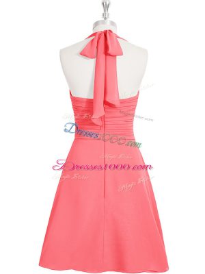 Cute Watermelon Red Empire Halter Top Sleeveless Chiffon Knee Length Zipper Ruching Homecoming Dress