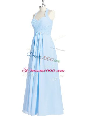 Blue Zipper Prom Dress Ruching Sleeveless Floor Length