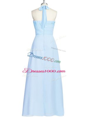 Blue Zipper Prom Dress Ruching Sleeveless Floor Length