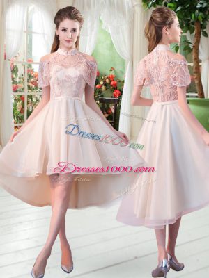 Champagne Tulle Zipper Prom Dress Short Sleeves High Low Lace