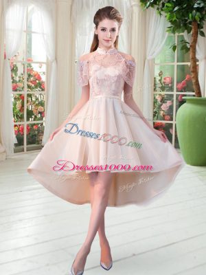 Champagne Tulle Zipper Prom Dress Short Sleeves High Low Lace