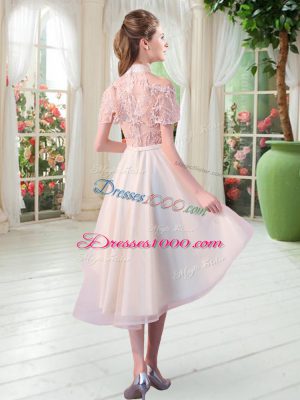 Champagne Tulle Zipper Prom Dress Short Sleeves High Low Lace