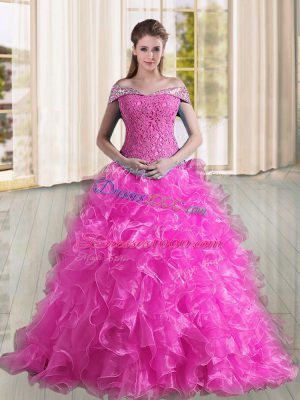 Eye-catching Off The Shoulder Sleeveless Sweep Train Lace Up 15 Quinceanera Dress Fuchsia Organza