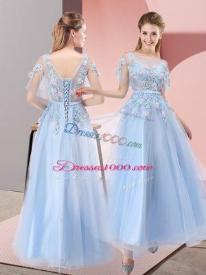 Extravagant Scoop Short Sleeves Lace Up Prom Dress Light Blue Tulle