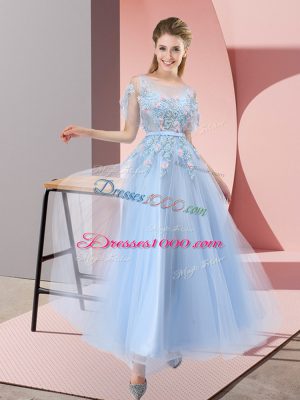 Extravagant Scoop Short Sleeves Lace Up Prom Dress Light Blue Tulle