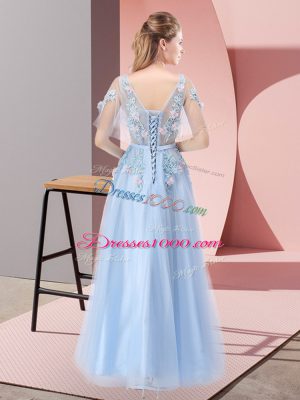 Extravagant Scoop Short Sleeves Lace Up Prom Dress Light Blue Tulle