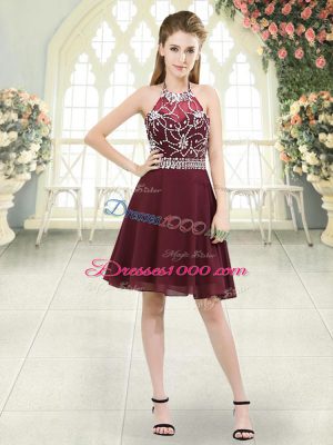 Inexpensive Burgundy Sleeveless Knee Length Beading Zipper Dress for Prom