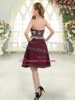 Inexpensive Burgundy Sleeveless Knee Length Beading Zipper Dress for Prom