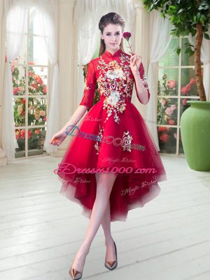 Red A-line High-neck Half Sleeves Tulle High Low Zipper Appliques Evening Dress