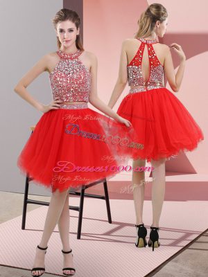 Custom Fit Red Two Pieces Organza Halter Top Sleeveless Beading Knee Length Backless Party Dress Wholesale