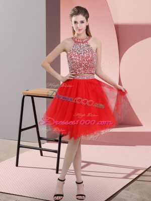 Custom Fit Red Two Pieces Organza Halter Top Sleeveless Beading Knee Length Backless Party Dress Wholesale