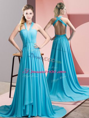 Super Sleeveless Sweep Train Beading and Ruching Backless Evening Dress