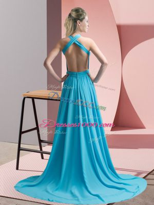 Super Sleeveless Sweep Train Beading and Ruching Backless Evening Dress