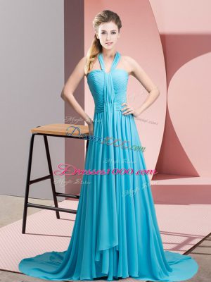 Super Sleeveless Sweep Train Beading and Ruching Backless Evening Dress