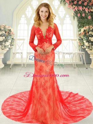 Red Long Sleeves Tulle Court Train Backless Party Dress Wholesale for Prom and Party and Military Ball