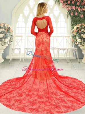 Red Long Sleeves Tulle Court Train Backless Party Dress Wholesale for Prom and Party and Military Ball