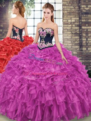 Delicate Organza Sweetheart Sleeveless Sweep Train Lace Up Embroidery and Ruffles Quinceanera Dress in Fuchsia