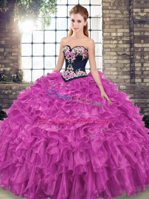 Delicate Organza Sweetheart Sleeveless Sweep Train Lace Up Embroidery and Ruffles Quinceanera Dress in Fuchsia