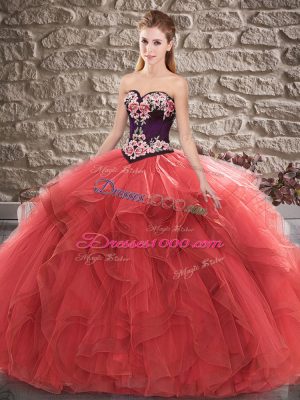 Flare Red Sweetheart Lace Up Beading and Embroidery 15 Quinceanera Dress Sleeveless