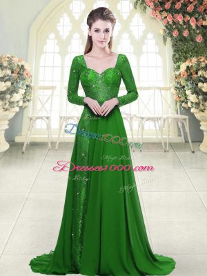 Stunning Green Dress for Prom Chiffon Sweep Train Long Sleeves Beading