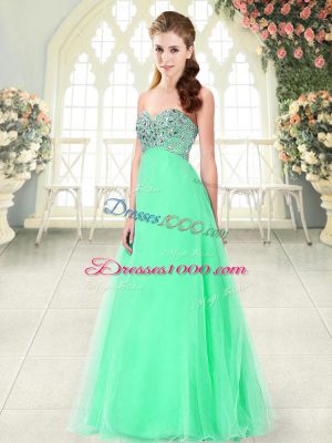 Sleeveless Tulle Floor Length Lace Up Prom Dresses in Apple Green with Beading
