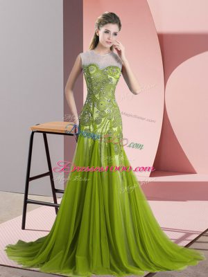 Graceful Olive Green Sleeveless Sweep Train Beading and Appliques Prom Party Dress