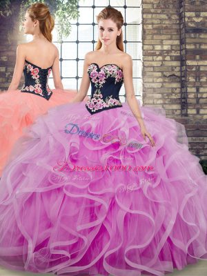 On Sale Lilac Ball Gowns Sweetheart Sleeveless Tulle Sweep Train Lace Up Beading and Embroidery and Ruffles Ball Gown Prom Dress
