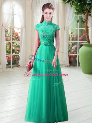 Green Lace Up High-neck Cap Sleeves Floor Length Prom Dresses Appliques