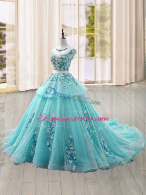 Suitable Cap Sleeves Appliques Lace Up Sweet 16 Dress with Aqua Blue Brush Train