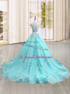 Suitable Cap Sleeves Appliques Lace Up Sweet 16 Dress with Aqua Blue Brush Train