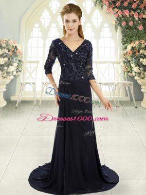 Graceful Navy Blue V-neck Half Sleeves Sweep Train Zipper