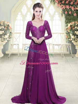 Edgy Purple Zipper Dress for Prom Beading Long Sleeves Brush Train
