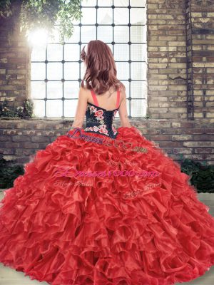 Eye-catching Red Lace Up Little Girl Pageant Gowns Embroidery and Ruffles Sleeveless Floor Length