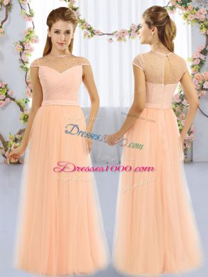 Peach Cap Sleeves Tulle Zipper Bridesmaids Dress for Prom and Party and Wedding Party