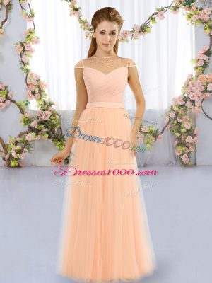 Peach Cap Sleeves Tulle Zipper Bridesmaids Dress for Prom and Party and Wedding Party