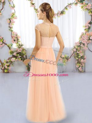 Peach Cap Sleeves Tulle Zipper Bridesmaids Dress for Prom and Party and Wedding Party