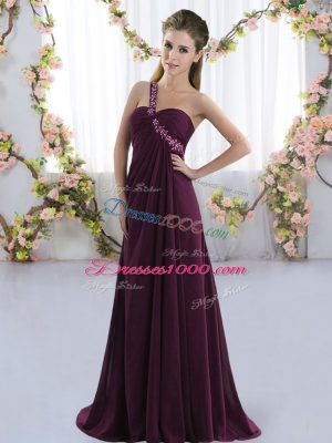 Dark Purple Sleeveless Chiffon Brush Train Lace Up Bridesmaids Dress for Prom and Party and Wedding Party