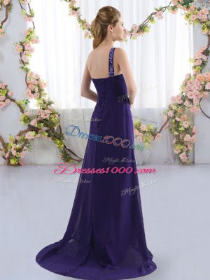 Dark Purple Sleeveless Chiffon Brush Train Lace Up Bridesmaids Dress for Prom and Party and Wedding Party