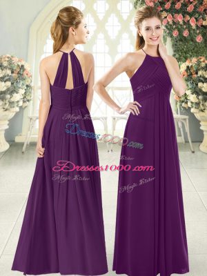 Artistic Halter Top Sleeveless Prom Dress Floor Length Ruching Purple Chiffon