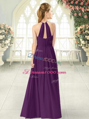 Artistic Halter Top Sleeveless Prom Dress Floor Length Ruching Purple Chiffon