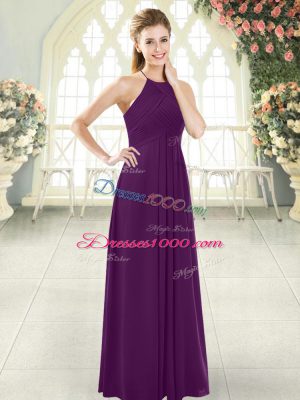 Artistic Halter Top Sleeveless Prom Dress Floor Length Ruching Purple Chiffon