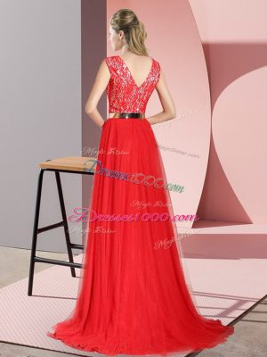 Lovely Tulle Sleeveless Prom Evening Gown Sweep Train and Beading and Lace