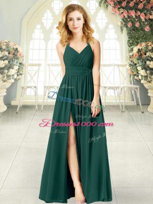 Popular Peacock Green Sleeveless Floor Length Ruching Zipper Prom Dresses
