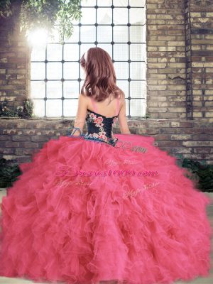 Beauteous Straps Sleeveless Pageant Dress Womens Floor Length Embroidery and Ruffles Fuchsia Tulle