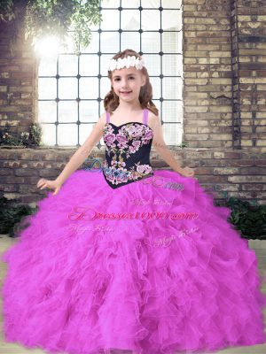 Beauteous Straps Sleeveless Pageant Dress Womens Floor Length Embroidery and Ruffles Fuchsia Tulle