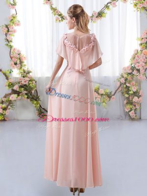 Pink Wedding Party Dress Prom and Party and Wedding Party with Appliques Scoop Short Sleeves Zipper