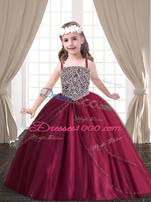 Sleeveless Tulle Floor Length Lace Up Sweet 16 Dresses in Red with Beading